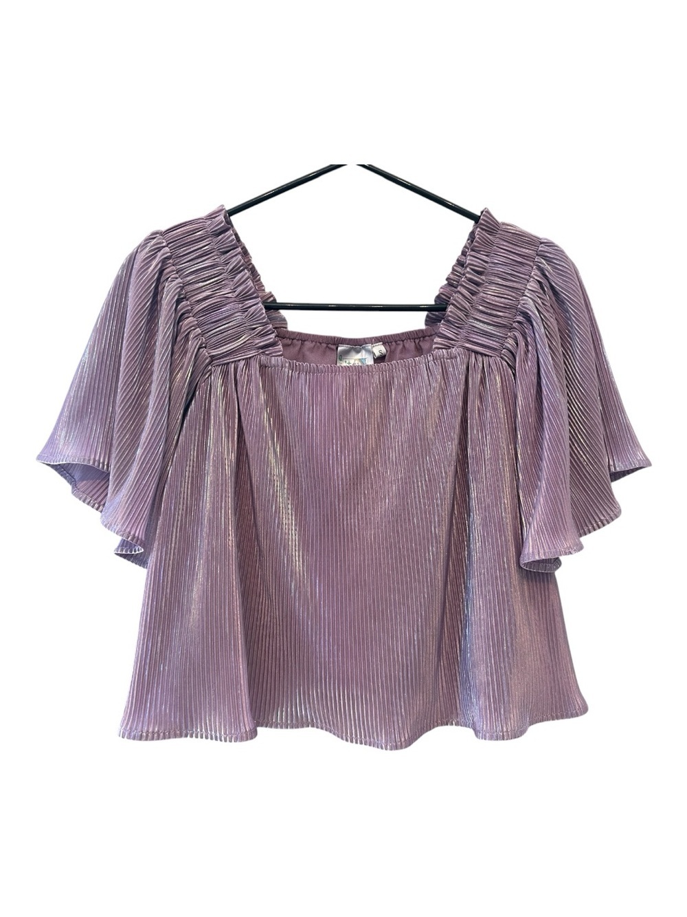 QUEEN OF SPARKLES Lilac Metallic Pleated Square-Neck Crop Top Size Small